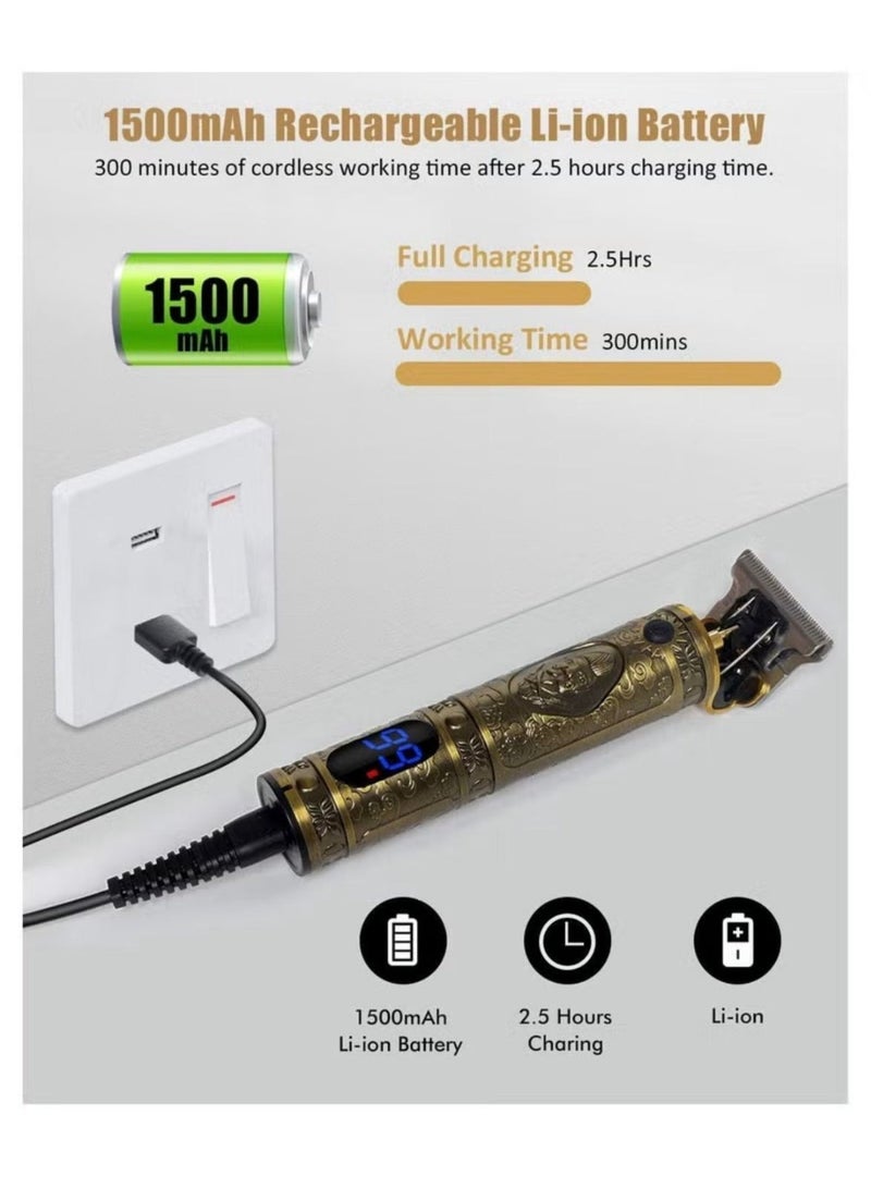 YACD Professional Cordless Hair Trimmer for Men - T-Blade Zero Gapped Outliner Grooming Kit, 1500mAh Battery with 300-Min Runtime, Waterproof Head & LCD Display, All-Metal Vintage Gold Finish - Image 4